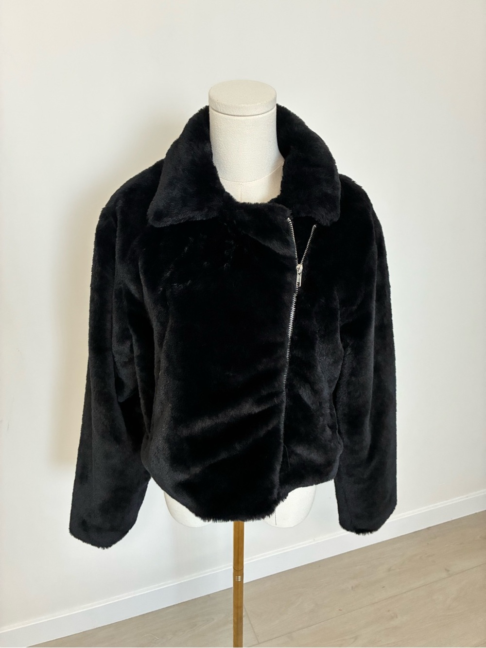 Black Faux Fur Zip-Front Moto Jacket